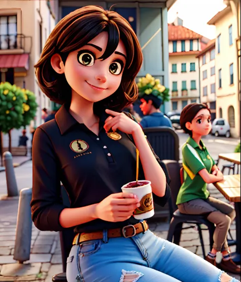 Beautiful Brazilian woman sitting and drinking coffee outside on the side of the street in a small café, beautiful face, Short black hair down to the nape of her neck with brown eyes and heavy eyeshadow, Wearing jeans and a black polo shirt, grande estilo ...