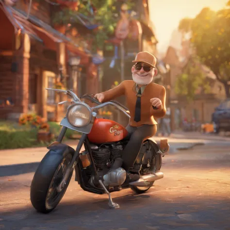 Crie um cartaz Pixar homem de 56 anos , vestindo jaqueta preta de couro, ao lado de uma moto