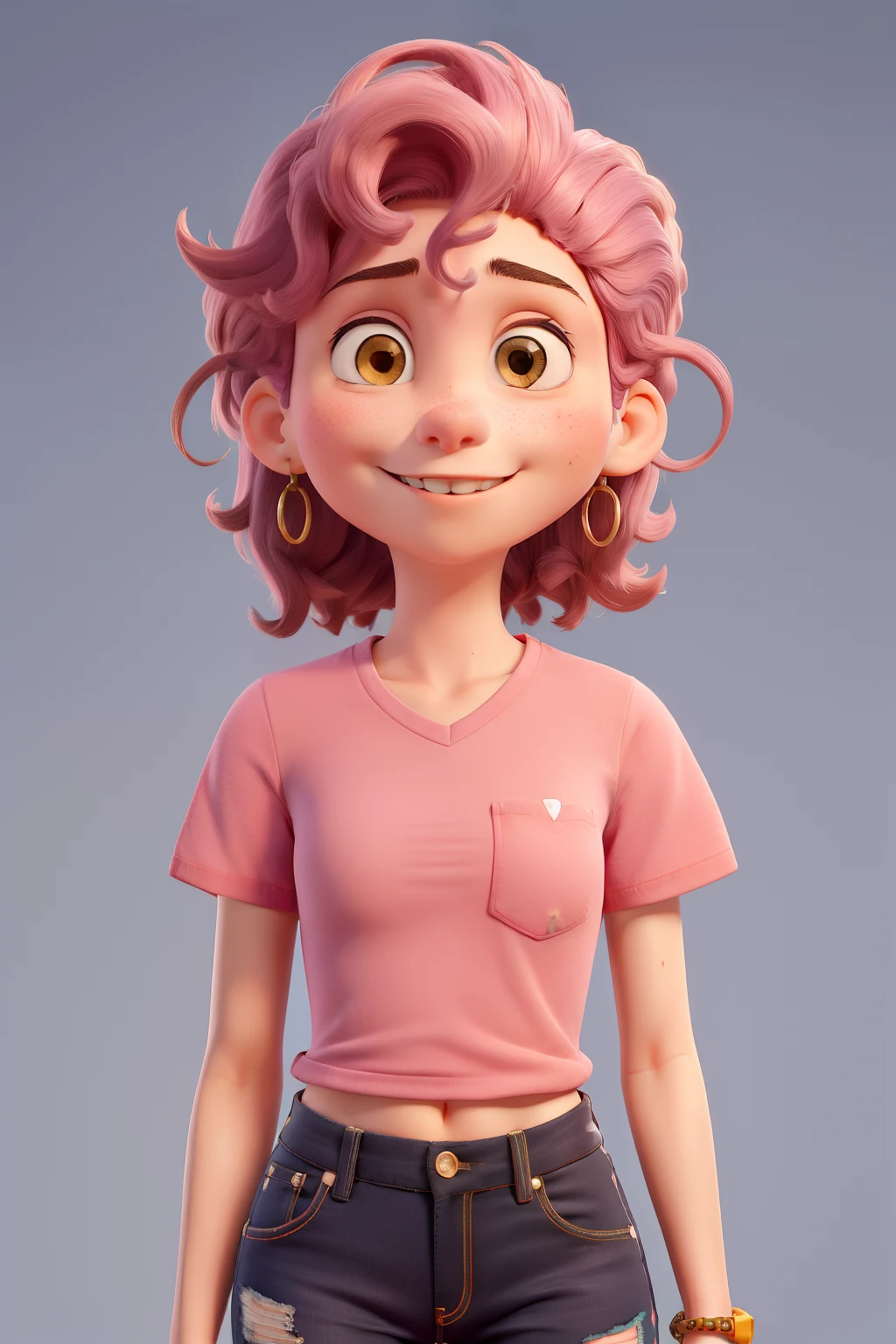 Menina de 16 anos , com o cabelo comprido e repicado , loiro escuro, with a pink shirt and a pair of high-waisted black jeans, not too skinny ,e Buchechas redondas , amber colored eyes,.