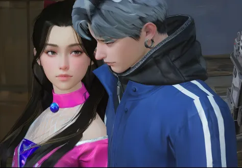 there are two people standing next to each other in a video game, sakimichan and frank franzzeta, hyper realistic content, trending on cgstation, sakimichan, style game square enix, ( ultra realistic ), 8k artgerm bokeh, realistic artstyle, ultra-realistic...