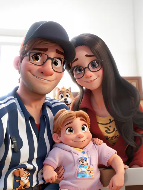 Um homem, um menino, uma mulher e um cachorro no estilo Disney pixar, alta qualidade, melhor qualidade