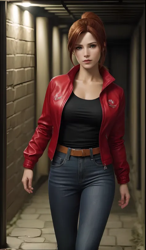 arafed woman in a red leather jacket and jeans walking down a hallway, cool red jacket, red jacket, red leather jacket, wearing ...