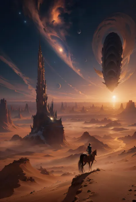 A tiny figure in the distance rides, Riding a Galvian stead, ((an alien horse-like creature with long narrow nose, back ridge plates, gills, and long flowing white tail)), across the baren landscape of an alien world, dust blows across the desert in swirls of sorrow, bright orange and pinks of an setting near dark alien moon, a Jovian world hangs in the furoin sky, she rides to the edge of the horizon, and to new tank city, photorealistic, hyperdetailed, sadness and forlorn, an ending, extreme long shot, vast distances, 64k resolution,