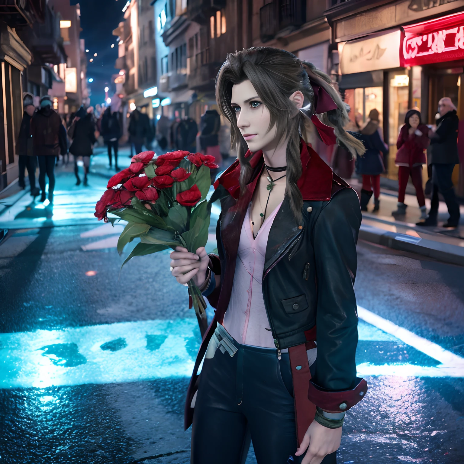 Aerith Gainsborough, dans son costume emblématique du jeu Final Fantasy VII, vendant des fleurs dans une rue faiblement éclairée, Elle est préoccupée, mais j&#39;ai un ou deux yeux azules brillantes, cinématique,  photoréaliste, 8k, 3D, HSLD