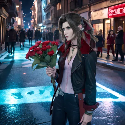 Aerith Gainsborough, in his signature costume from the game Final Fantasy VII selling flowers on a dimly lit street, ella se ve ...