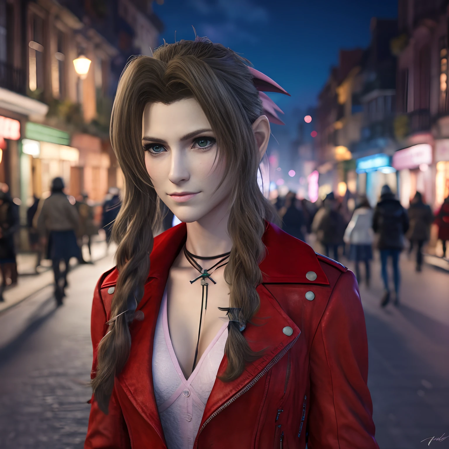 Aerith Gainsborough, in his signature costume from the game Final Fantasy VII selling flowers on a dimly lit street, ella se ve preocupada, pero tiene unos ojos azules brillantes, cinematic,  photorealistic, 8k, 3D, HSLD