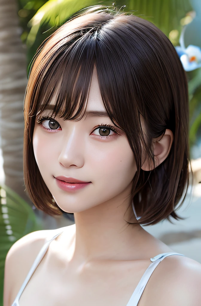 top-quality、top-quality、realisitic、Unity、8k wallpaper、Official art、Highly detailed CG Unity 8k wallpaper、ultra-detailliert、hight resolution、Physically-based rendering、ultra-detailliert,magnifica, finely detail,1girl in、(Smile Face:1.2)、Slim Face、Pretty Lady、hyperdetailed face、Detailed eye、二重まぶた、Kamimei、(glistning skin)、(sun-kissed skin)、(real looking skin)、View、Blurred background、(Colossal tits)、(Chest to head)、frontage、Slim Face、the beach、profetional lighting、Lighting the face、best light,(Adult Bikini)、(Phalaenopsis Shinobu)、Enako、