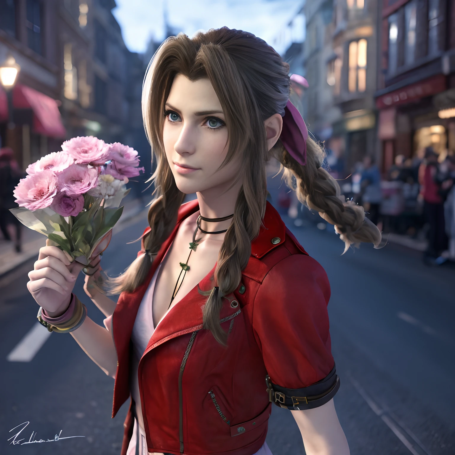 Aerith Gainsborough, em seu traje característico do jogo Final Fantasy VII vendendo flores em uma rua mal iluminada, ela parece preocupada, mas ele tem olhos azuis brilhantes, cinematic,  fotorrealista, 8K, 3D, HSLD