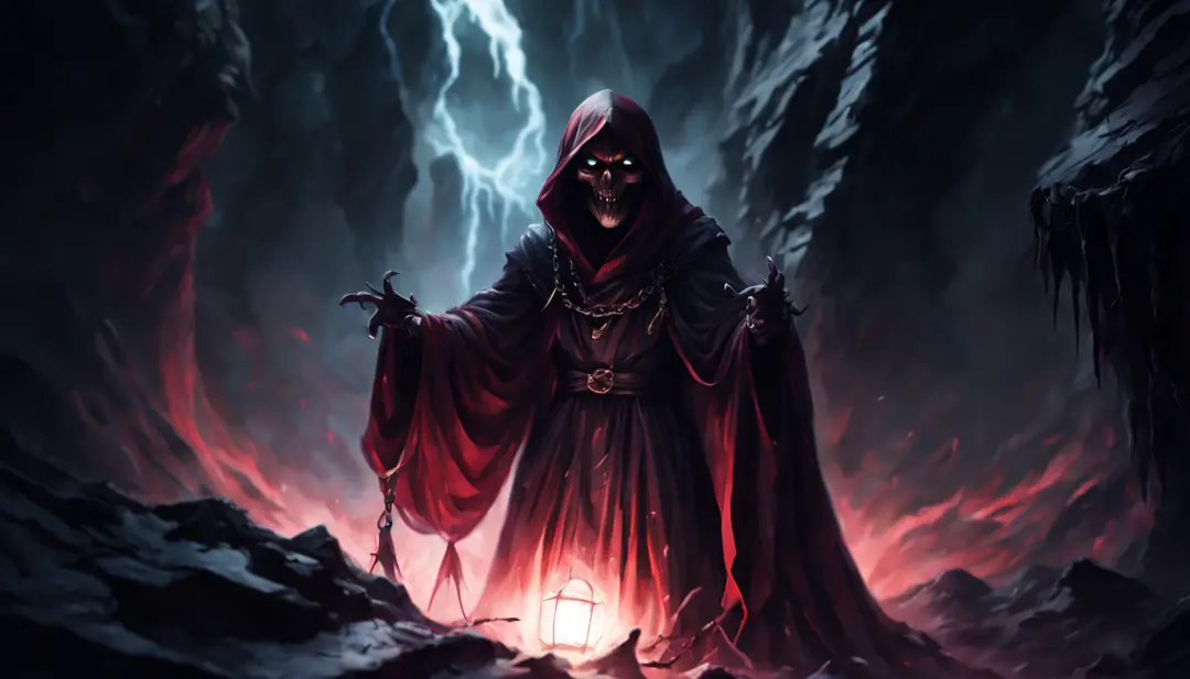 ((8k, very high resolution, masterpiece))), generate a high-resolution image of a wraith, a malevolent spirit that roams the mortal realm in search of souls to claim. The wraith is to be represented as a covert figure, his face obscured by a red cloth and ...