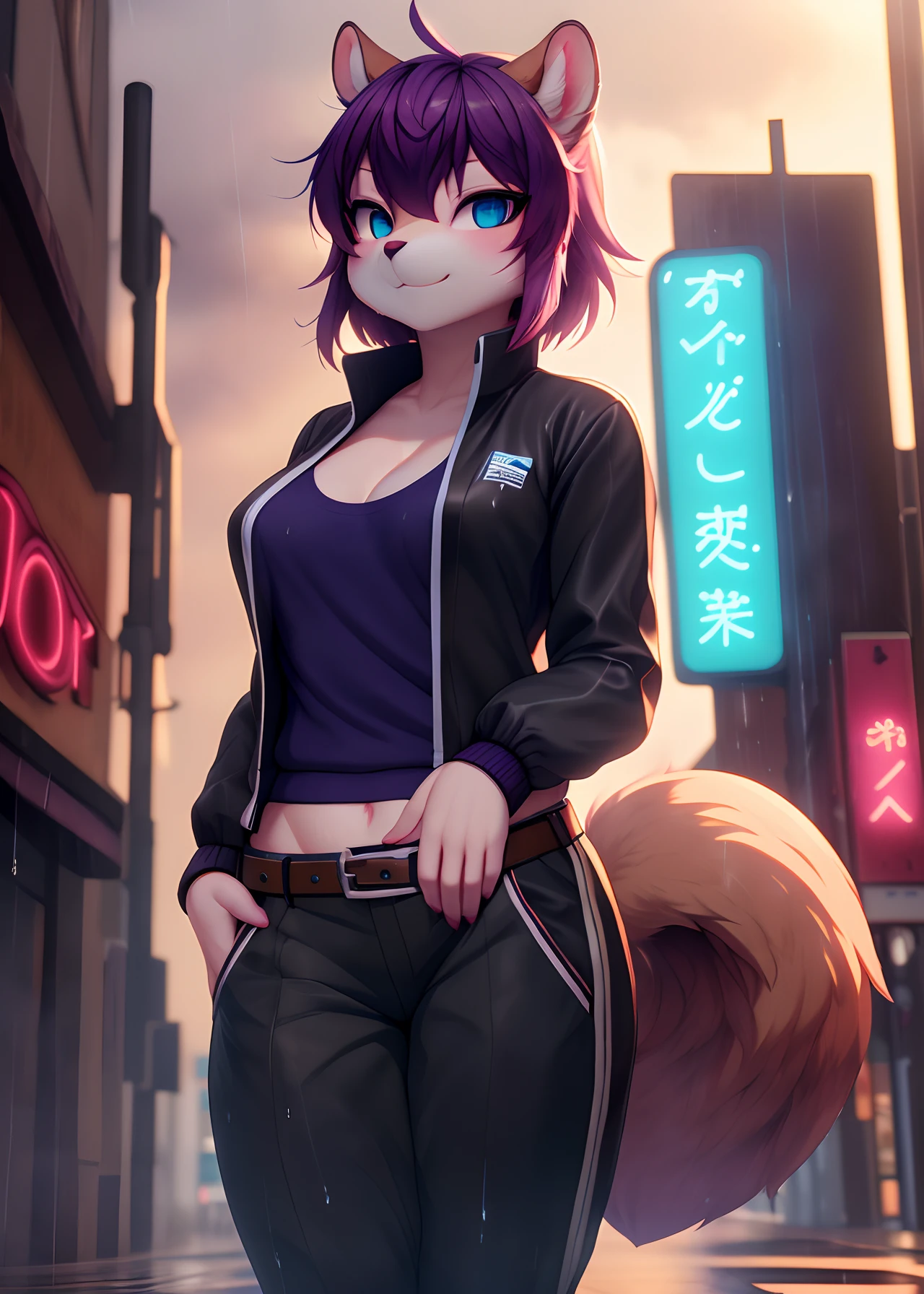 uploaded on e621, (by Whooo-Ya, by Sskomu \(artist\), by Kakure Eria),
solo female (squirrel kaori, fluffy squirrel tail)
(wear track jacket, pants, belt:1.3), (small breasts),
((detailed fluffy fur)), (looking at viewer, three-quarter portrait, three-quarter view),
BREAK,
((standing at city street on sunset raining day)), (rain, fog, mist, cyberpunk, neon light),
(detailed background, depth of field, half body shadow, sunlight, ambient light on the body),
(masterpiece, best quality, ultra realistic, 4k, 2k, (high detail:1.3),
(3d \(artwork\):1.2), blender \(software\), (soft focus:1.2), ray tracing, (unreal engine:1.3), absurd res)