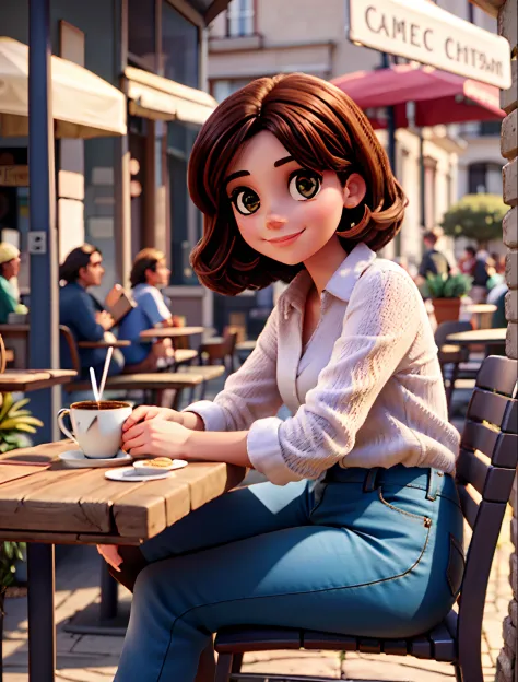 Beautiful French woman sitting and sipping coffee outside the street side in a small café, beautiful face, cabelo preto curto com olhos azuis e sombra pesada, vestindo roupas bonitas e elegantes, grande estilo de moda, looking at you with loving eyes and a...
