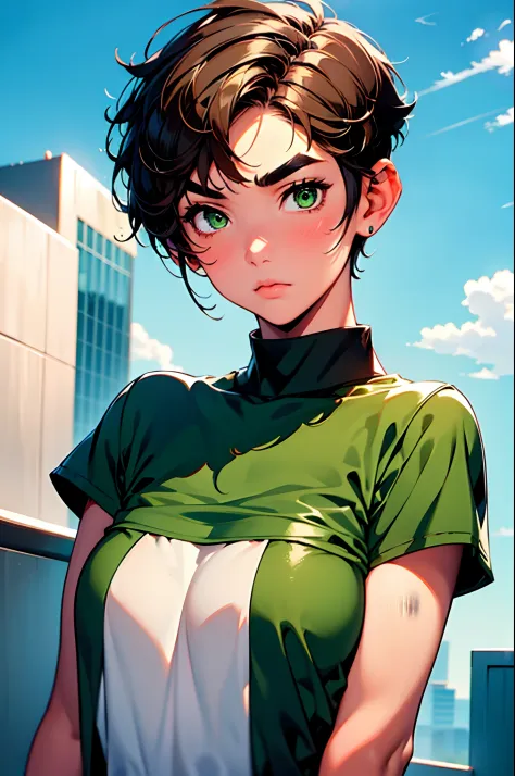 1girl, KYOKA, ((very short hair, pixie cut)), light-brown hair, TAREME, thick brows, green eyes, big brests, tall height,