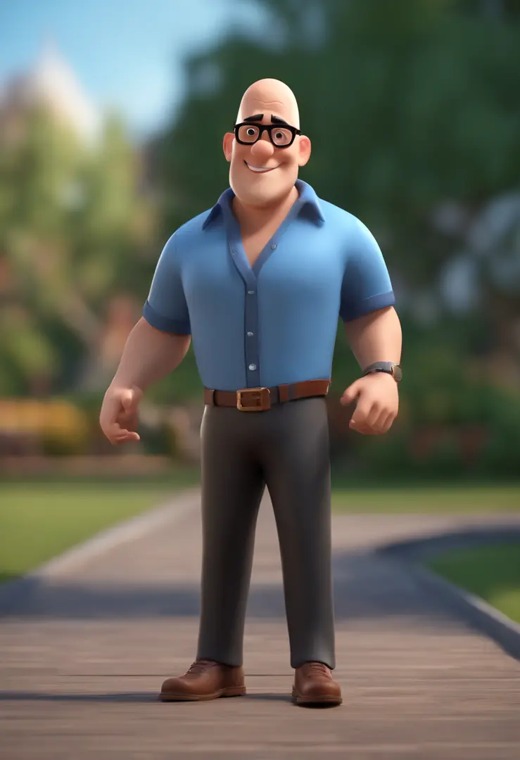 Cartoon character of a bald man wearing black glasses and a blue shirt, um personagem animado, Caractere estilizado, animation style rendering, 3D estilizado, Arnold Maya render, 3 d render stylized, toon render keyshot, Personagem 3D, Personagem 3D, 3d re...
