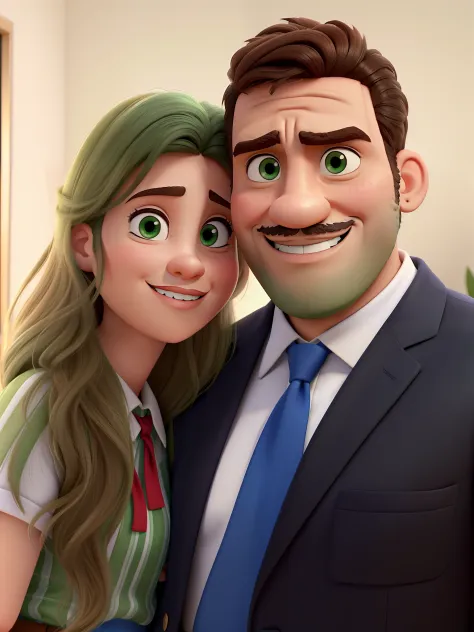 casal idade novos homem com bigode e maxilar marcado e mulher loira com olhos verdes no estilo Disney Pixar, alta qualidade, melhor qualidade