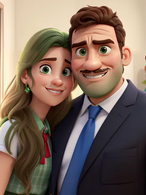casal idade novos homem com bigode e maxilar marcado e mulher loira com olhos verdes no estilo Disney Pixar, alta qualidade, melhor qualidade