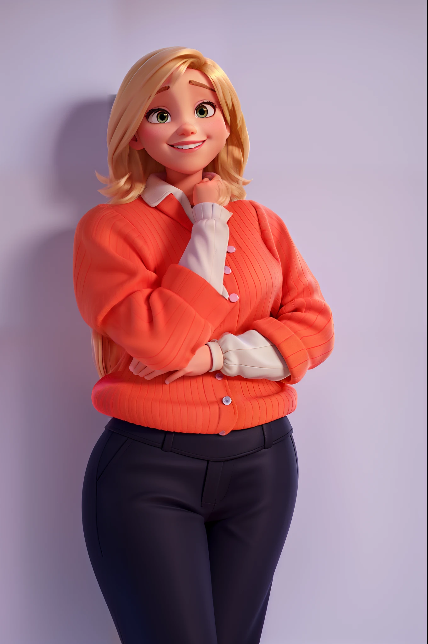 Light-skinned blonde woman smiling, short blonde hair, dark eyes, disney pixar style, high quality, high definition.