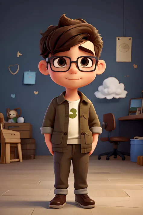 Cute Little Graphic Designer, pensativo.. With a cloud of thoughts in his head smells of project stuff. Brunette character with low military cut and glasses