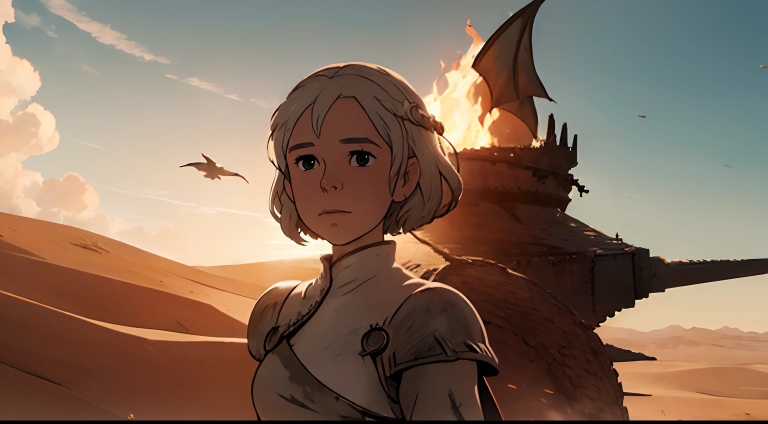((デナーリス・ターガリエン)), ゲーム・オブ・スローンズ, 砂漠, 彼女の背中の後ろには大きなドラゴンが, 火, 宮崎駿