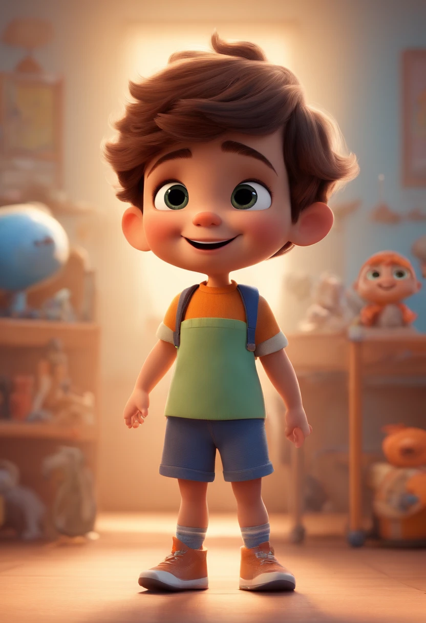 a happy cute kid standing short hair, vestindo uma fantasia espacial, , fundo branco, barnet, tom, Estilo Pixar, ..3d, desenhos animados, rosto detalhado, asymmetrical 16k