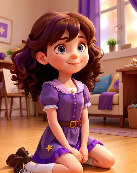 Girl sitting on the floor, with an open Bible in her hand, fair skin, very curly type 2b hair, with a purple dress full of stars, light brown eyes