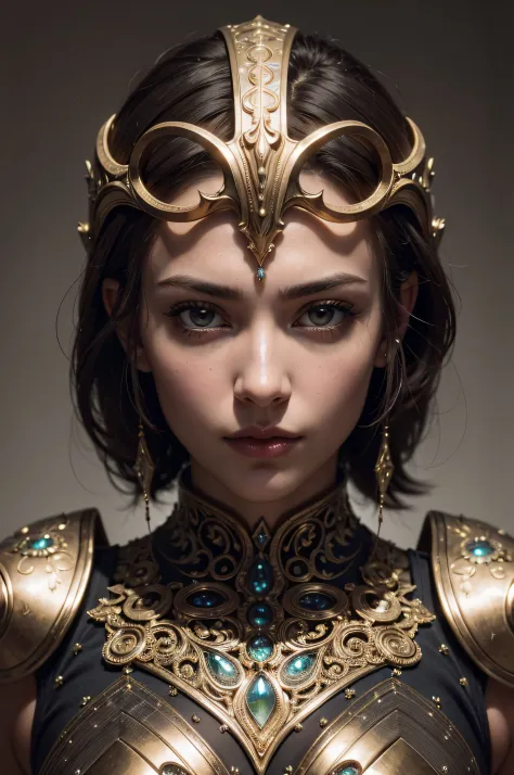 (8k, RAW photo, highest quality), hyperrealistic, intricate abstract, intricate artwork, abstract style, mesmerizing portrait of a woman with golden armor, delicate diamond patterns, armor from another world, insanely detailed features, reflecting lights, ...