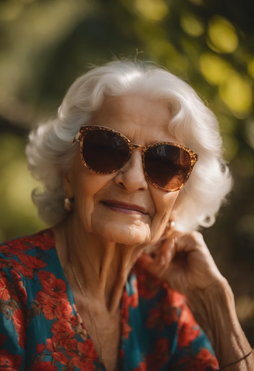 Woman Old lady enjoying life with mountain landscape and trees. She's got  wrinkles and she's wearing sunglasses. She's older, she's more enjoying a  drink. Ela tem 70 anos e cabelos castanhoa. -