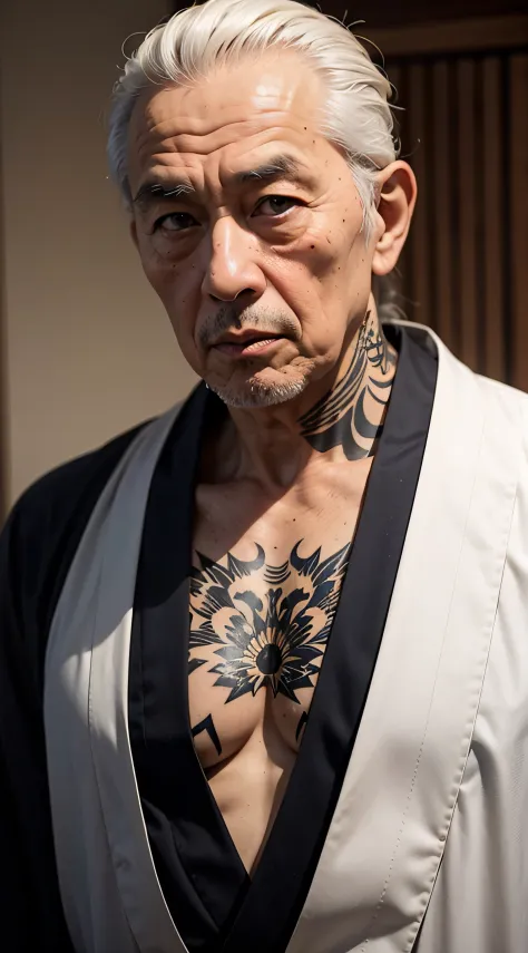 an old wisely grandpa, former yakuza, wearing a kimono, dangerous looking, tattoos, skin pores, skin blemish