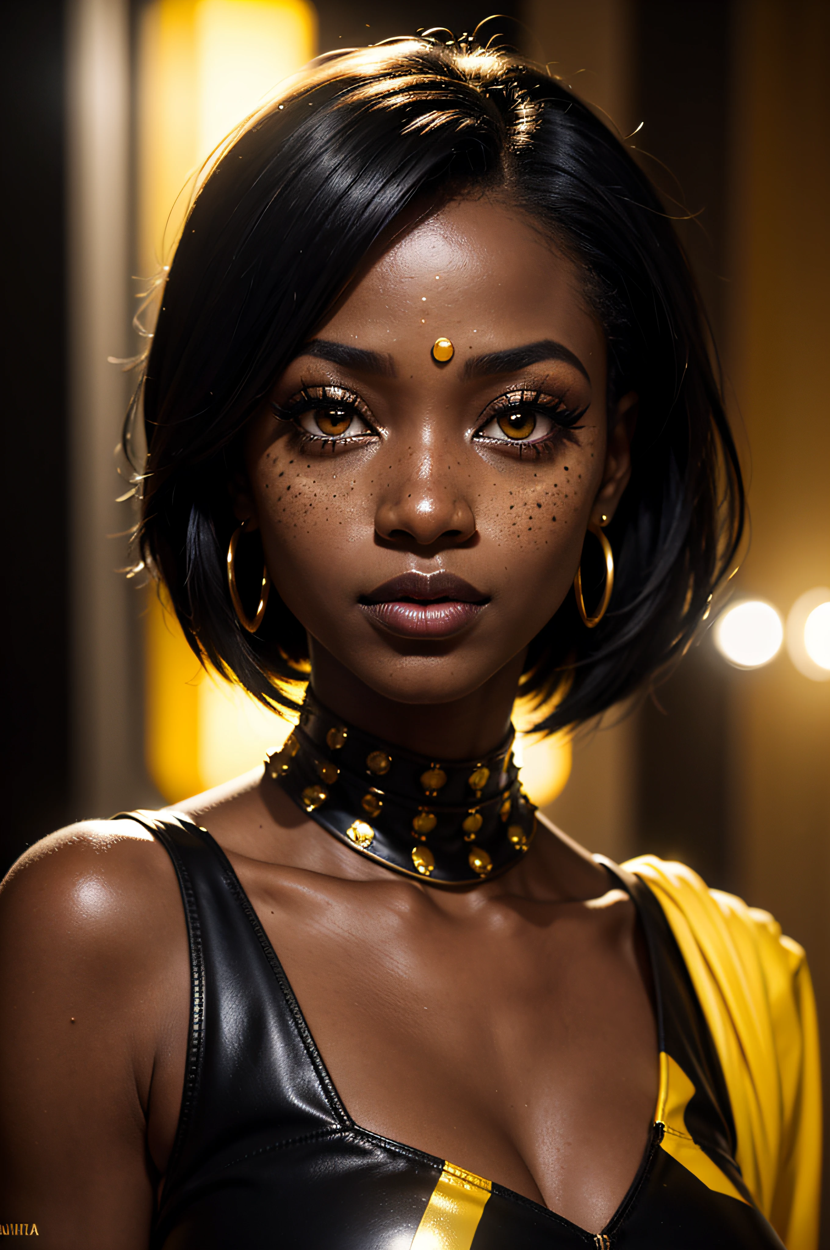 an eye contact of a Ugandan woman, (black skin:1.3), yellow spotlight, dark theme, lonely, Lavish, Matte black eyeshadow with a cut crease, metallic lipstick, golden ratio, Almond-shaped eyes, Freckles, indietronica, soft lighting, bokeh