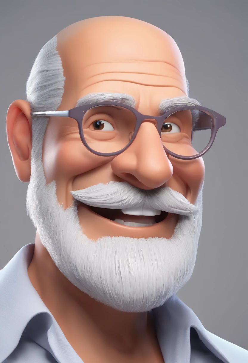 Smiling Man Illustration, sorriso insano, Homem de pele marrom com um sorriso gigante, happily smiling at the camera, sorriso atrevido, grey beard, thinning hair, thick glasses, he's smiling, sorriso muito grande, Macho sorridente, foto de perfil headshot, rindo sorriso enorme, desenhando no estilo de Arte 3D, c4d, fundo de cor branco puro, estilo disney, estilo pixar render ilustracao Super Detalhe, 8k