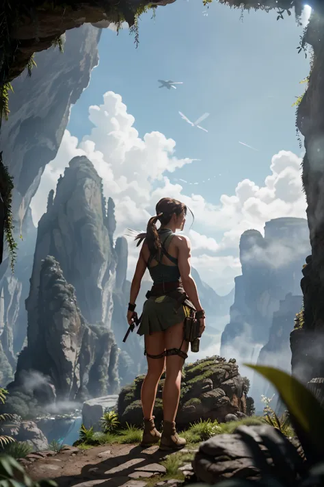Highly detailed RAW color Photo, Rear Angle, Full Body, of lara croft from tomb raider Adventurer, wearing torn up skirt:0.5, futuristic earpiece, rebreather), outdoors, (leaning over rocky Rim, looking out at advanced alien structure), on exotic alien pla...