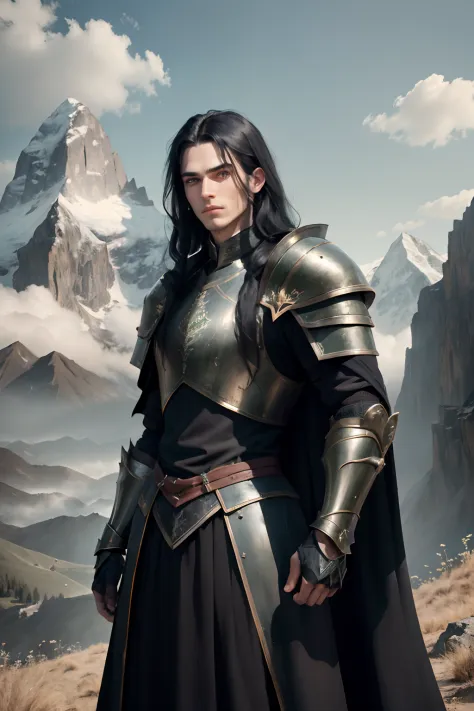 ((masterpiece, best quality)), 1guy, long black hair, black armor, looking at the viewer, mountains, verdant fields, 8k, perfect...