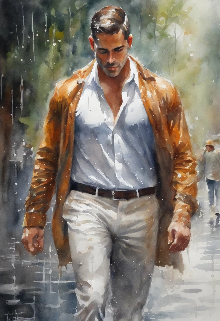 A painting of a man walking down a street in the rain - SeaArt AI