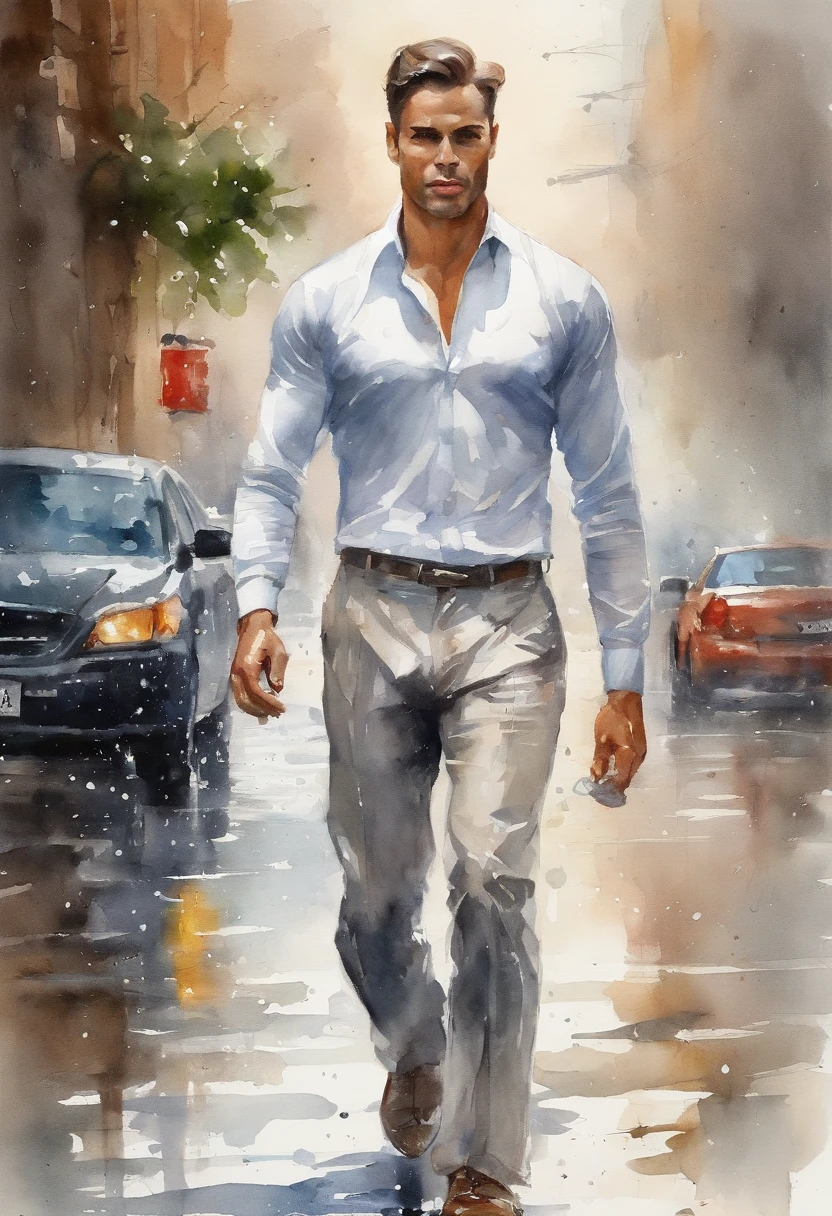 A painting of a man walking down a street in the rain - SeaArt AI