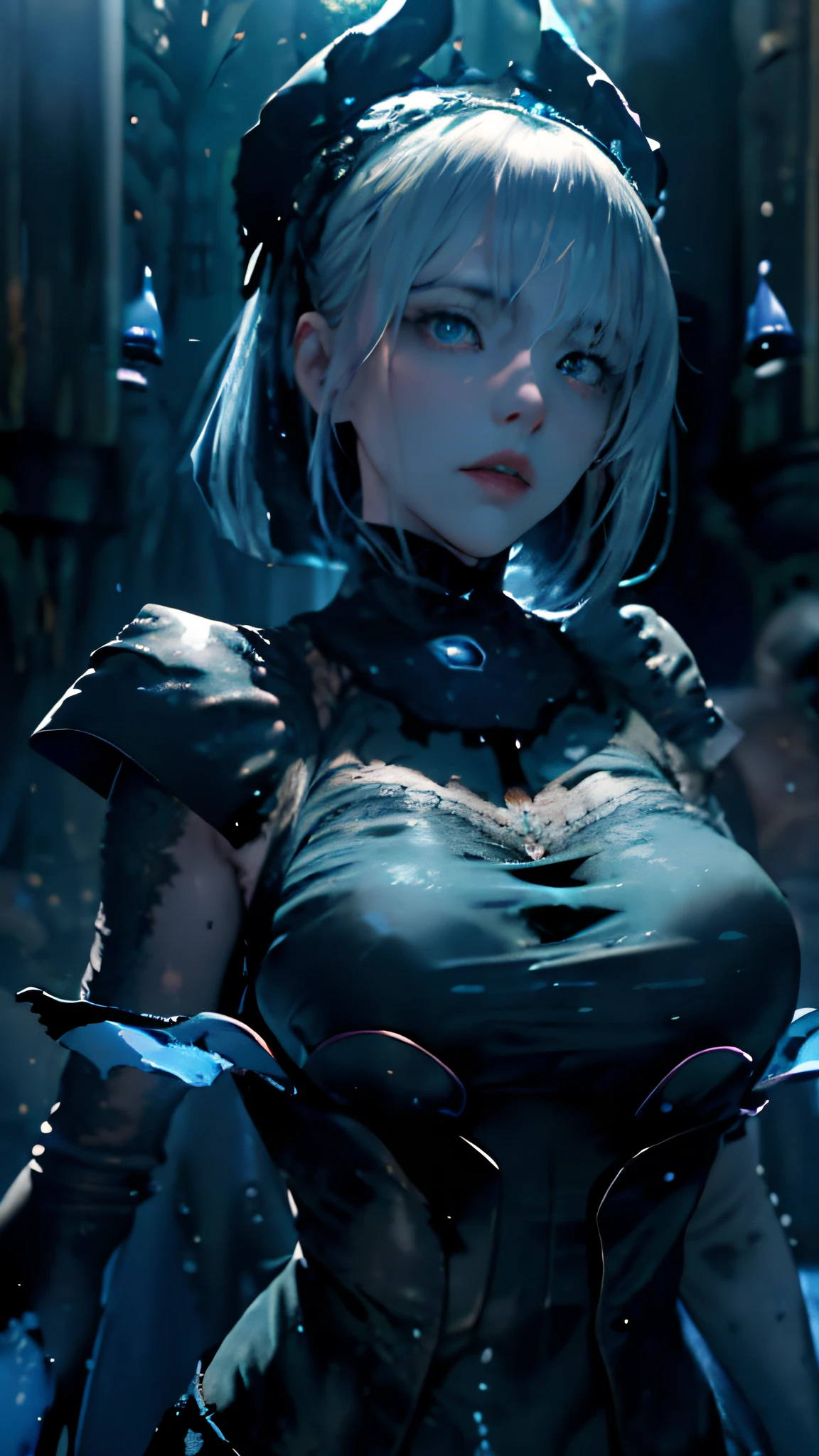 Official art, Unity 8k壁纸, Ultra-detailed, Beautiful, masutepiece, Best Quality, darkness, mystery, romanticism, literary, Art Book, Victorian、Complexity, Ironwork, Black lace、emotional depth, Supernatural,,Magic Surround, (((murky, Blue light envelops her:1.5))),
Straight short hair、Woman with red lipstick, artoria、16 year woman,white  hair、perfect beautiful body、Perfect beautiful face、Black medieval dress、Blue glowing eyes、Dark old church、