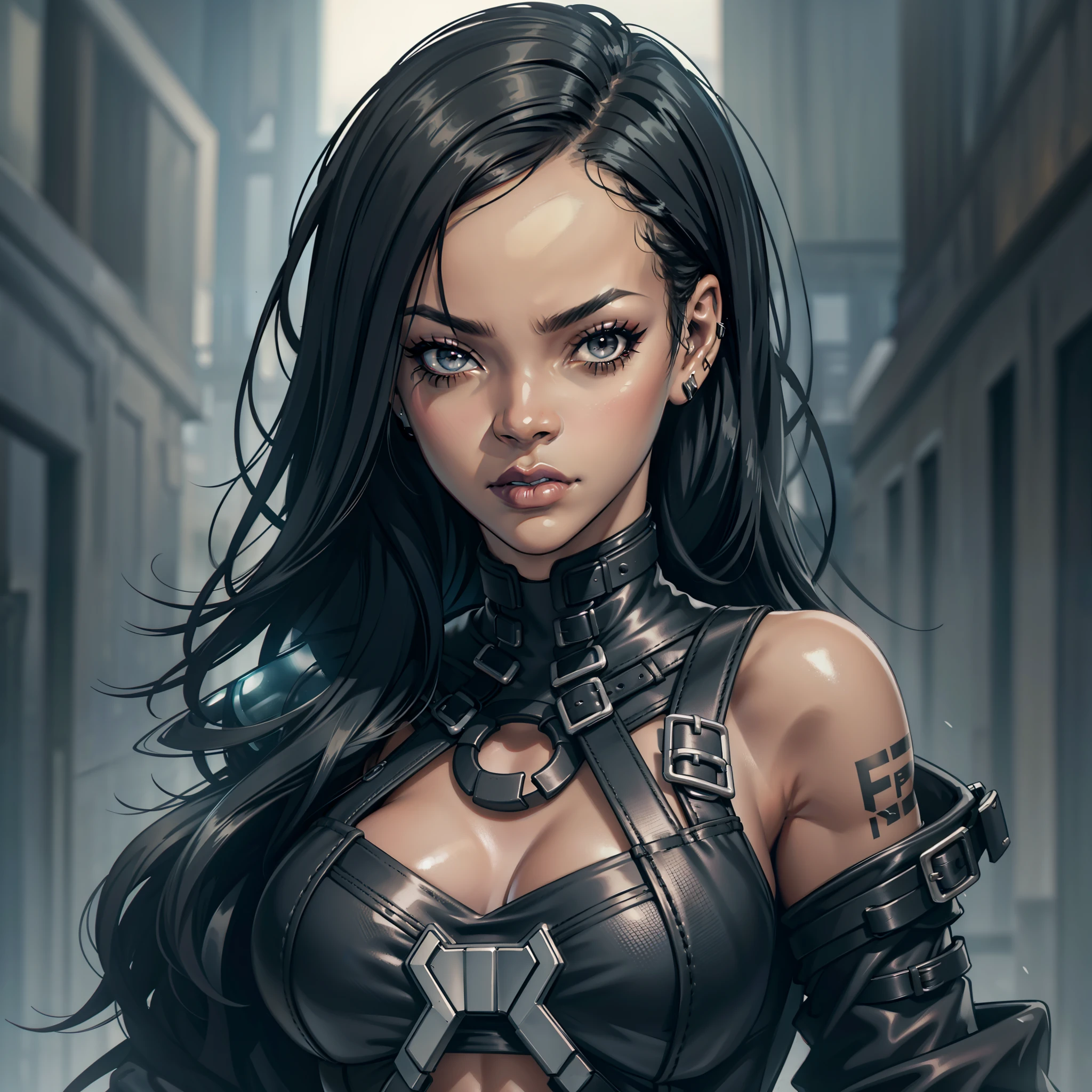 "(robe gothique cyberpunk noire:1) (1femme noire) (ombres brumeuses) Thème sombre :: se concentrer sur le visage en gros plan, Visage indifférent, Visage de Rihanna, :: tout le corps ::robe futuriste ultra réaliste cyberpunk femme noire athlétique, :: longs cheveux noirs :: rues cyberpunk :: robe sombre gothique cyberpunk cool, Yeux noirs :: brouillard partout :: éclairage naturel :: bokeh :: 8k :: Meilleure qualité :: chef-d&#39;œuvre :: Incroyablement détaillé:1.5"