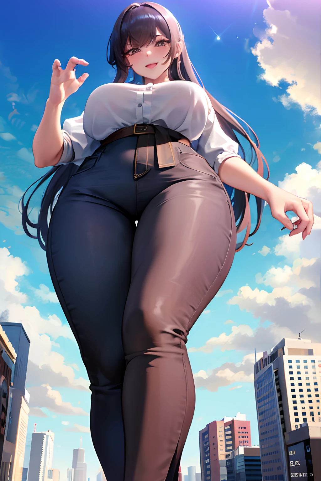 A woman in a tight pants and a shirt is standing in the middle of a city -  SeaArt AI