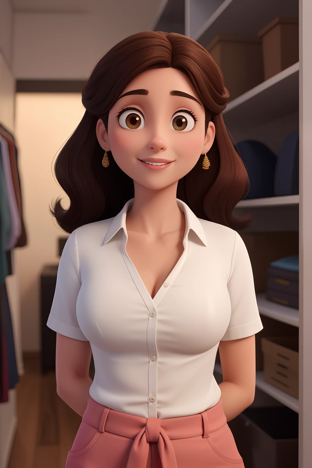 A Woman 30 years old, working in the closet dark brown hair, Round face, charmer smile, and brown, slightly slanted eyes, brunette skin, wearing a shirt and working.