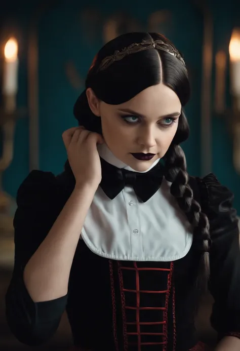 young stunning wednesday addams evil expression wearing steampunk black  clothes gothic - SeaArt Al - Free Al Art Generator