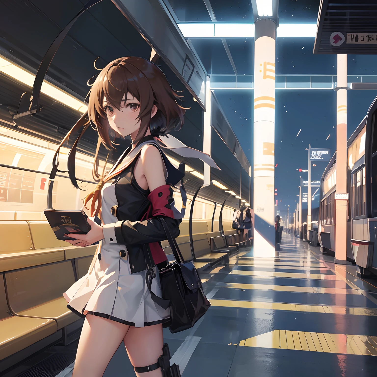 Anime girl in a short dress standing in a train station - SeaArt AI