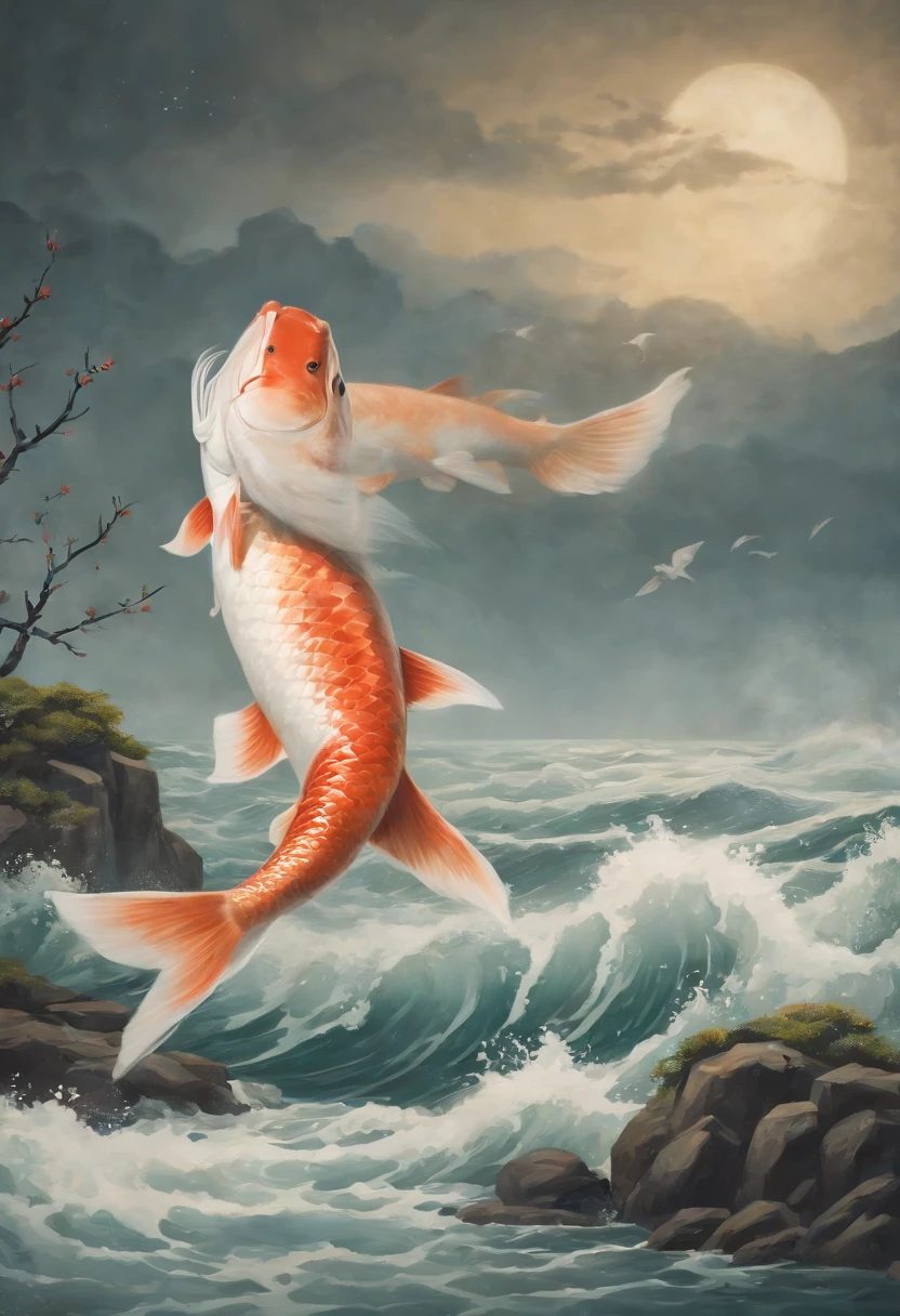 ukiyoe painting, Flying carp、Dharma、vague、fox、von gogh - SeaArt AI