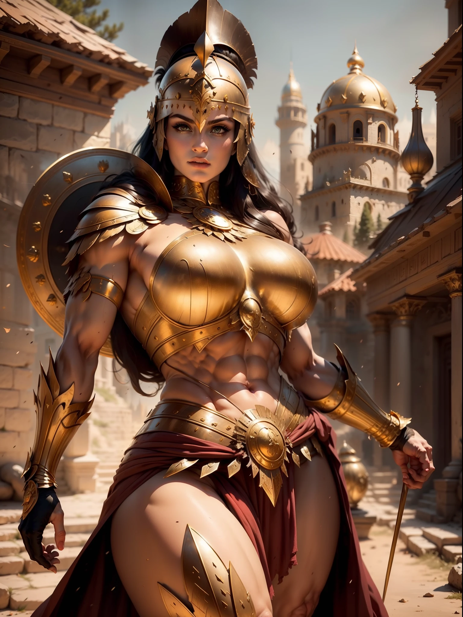 一位身穿金色希腊盔甲的美丽女战士, 乌黑的头发, 重装步兵头盔, 肌肉发达, 巨大而沉重的乳房, 看着观众, 正视图, 模特姿势, 杰作, 最好的质量, 8千, 模糊的背景, 背景为中世纪奇幻城堡