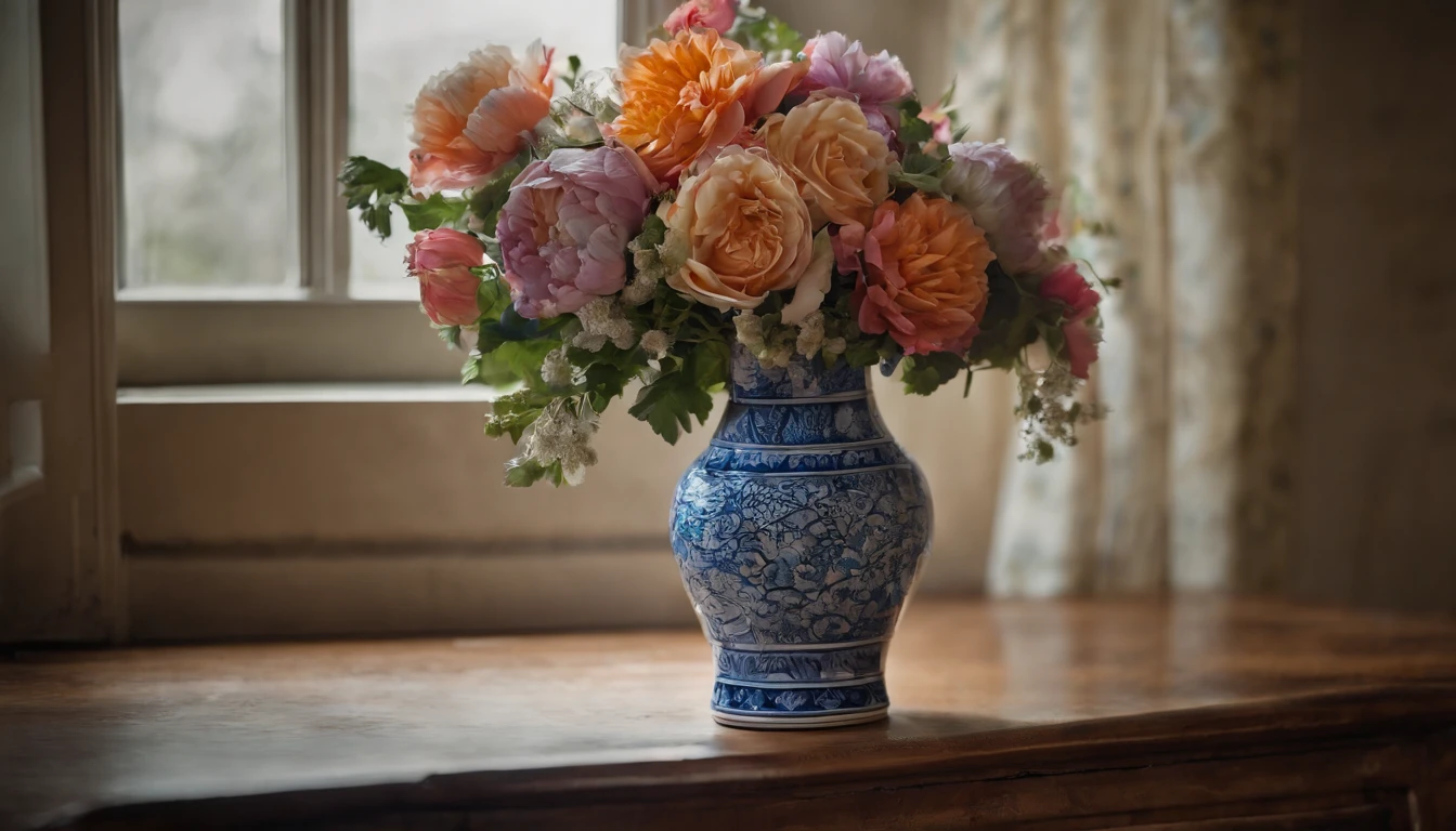 a flower vase, made of ceramic, blue-white color, delicately