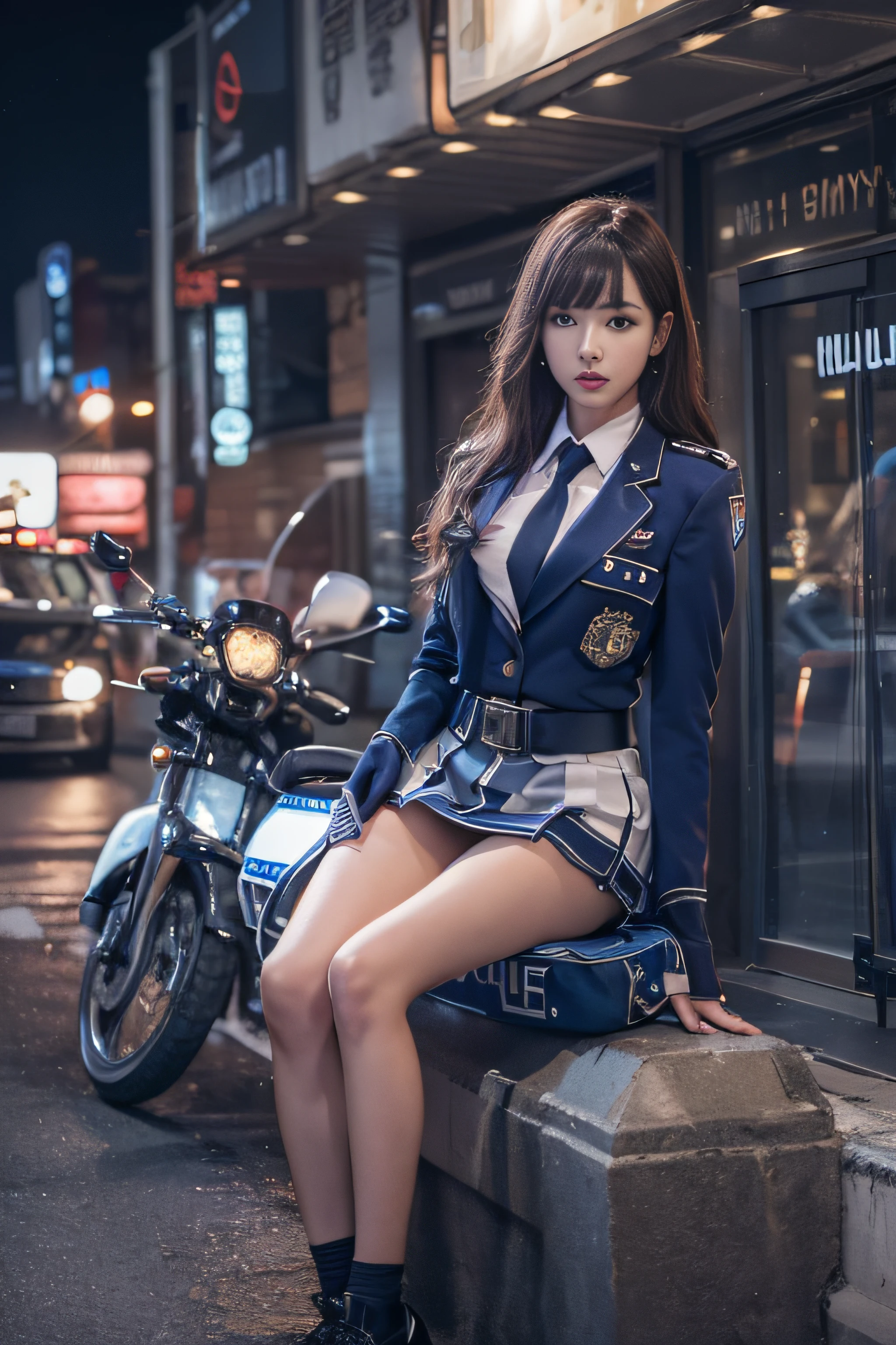 1womanl、(Super beautiful)、(beauitful face:1.5)、(A detailed face:1.1)、Clear pubic contours、(with spreading legs:1.1)、(Showing white panties)、(Dark blue mini skirt:1.1)、(police uniform with:1.3)、(Bare legs)、(Wear black shoes:1.1)、city street at night、(At SFW:1.1)