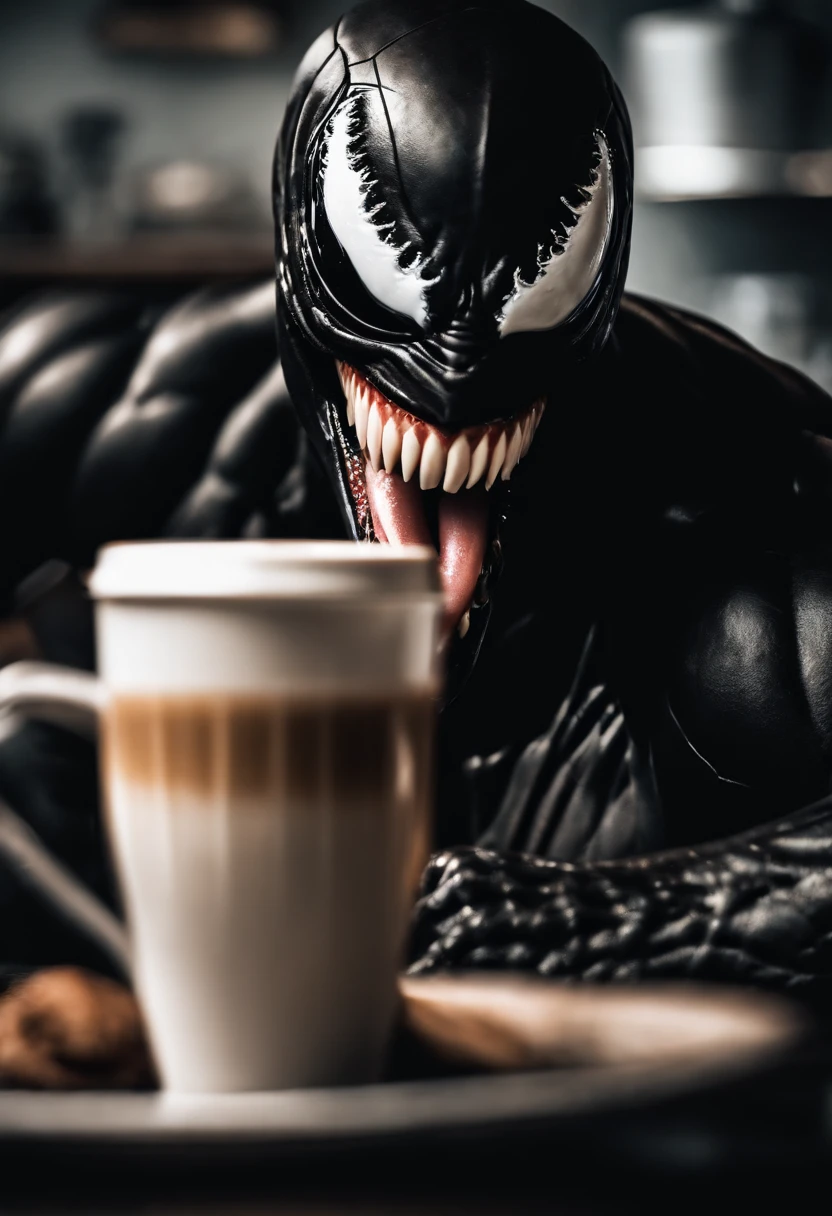 Venom is sitting at a table with a cup of coffee - SeaArt AI