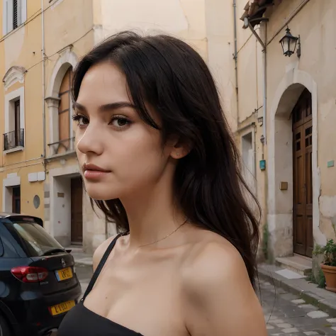 Beautiful Woman in Italy,Black Hair,Slim face ,Small nose ,Long Jawline , Front view Pose, Dark Brown Eye ,Pinks small Lips Black Formal Shirts,Black Jeans,