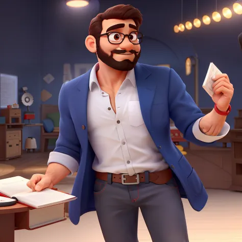 Pode melhorar barba mais rala com uns fios brancos, Make the full body appearing white red shoes. Man stands on black background on a speaker-like stage with microphone in one hand and book in the other in Disney pixar style best quality, maior qualidade.