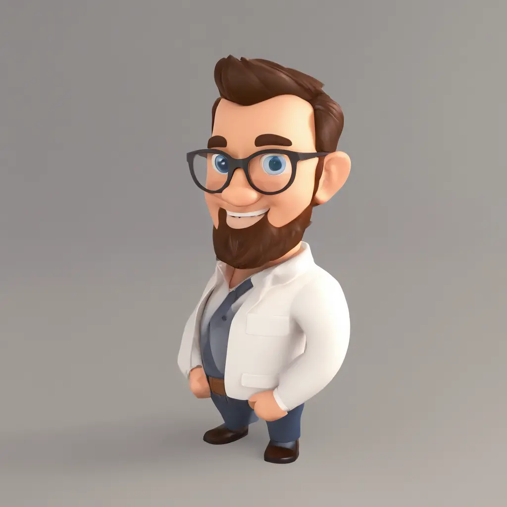 Criar um personagem no estilo Pixar. Trata-se de um homem de 30 anos, com barba, Branco, com cabelos castanhos curtos e um quiff, e olhos castanhos. Ele deve estar na frente de um computador, Trabalhar como designer