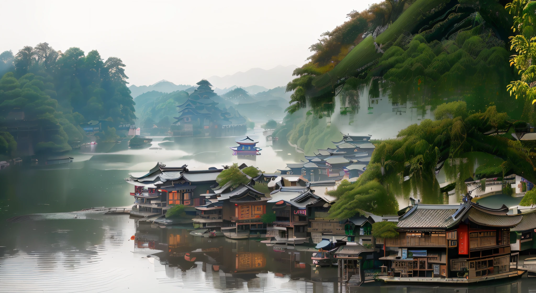 (There are a lot of chalets on the banks of the river, Hangzhou, guangjian, Chinese village, Picturesque Chinese town, Visually appealing, zhouzhuang ancient town, Calligraphy, Ancient Chinese architecture, floating chinese lampoons, Chinese landscape, The dream of the Chinese, peaceful scenery, author：Li Di, Xianxia, Breathtaking images, serene scene) (Best quality, 4K, A high resolution, Masterpiece:1.2), Ultra-detailed, (Realistic, Photorealistic, photo-realistic:1.37), hdr, hyper HD, Studio lighting, Ultra-fine painting, Sharp focus, Physically-based rendering, Extreme detail description, professional, Vivid colors, Bokeh, sportrait, landscape, chinese traditional architecture, Fantastic tones, Ethereal lighting.