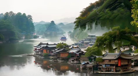 (There are a lot of chalets on the banks of the river, Hangzhou, guangjian, Chinese village, Picturesque Chinese town, Visually ...