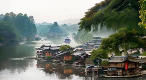 (there are a lot of chalets on the banks of the river, hangzhou, guangjian, chinese village, picturesque chinese town, visually ...